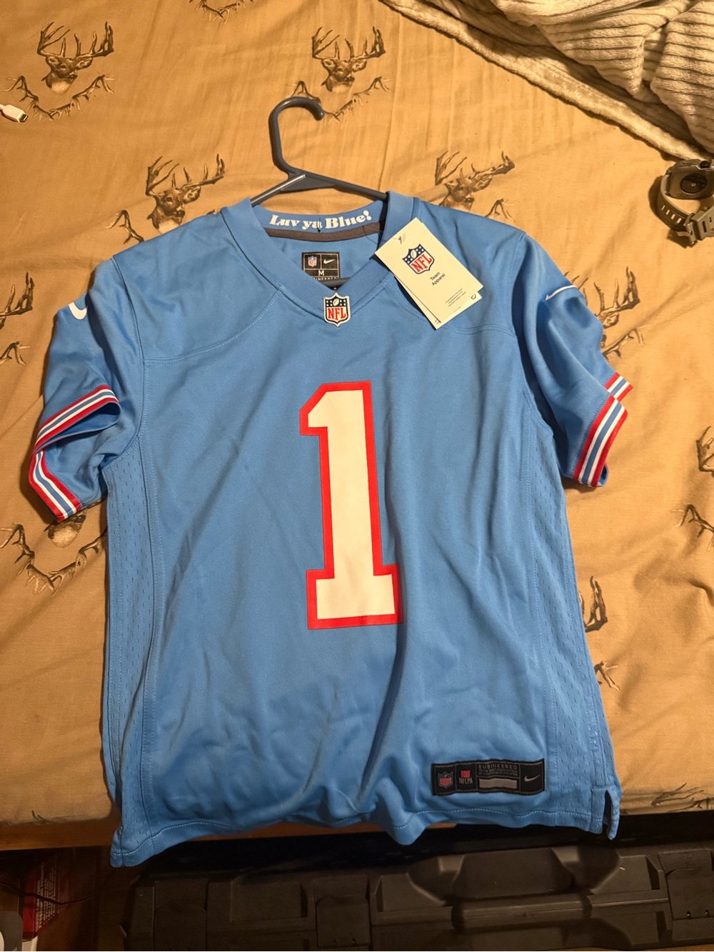 Nike Youth Light Blue #1 Football Jersey with Red & White Trim